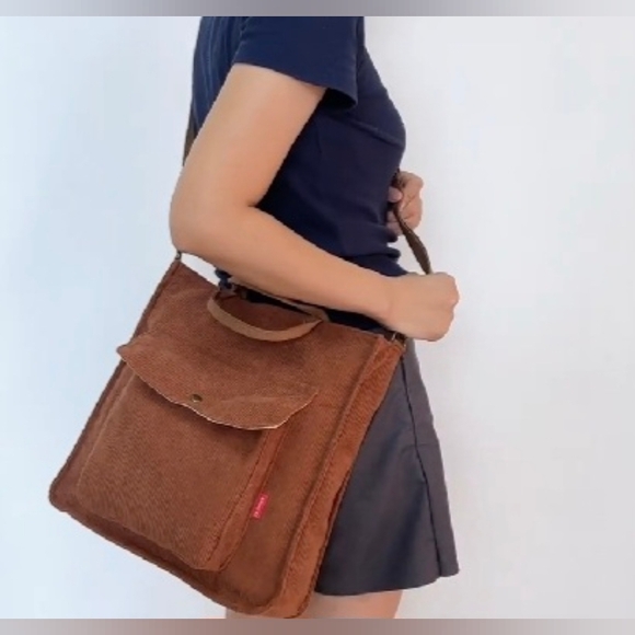 Vintage Retro Urban Chic Brown Chestnut Corduroy Crossbody Bag Minimalist Tote - Picture 3 of 16